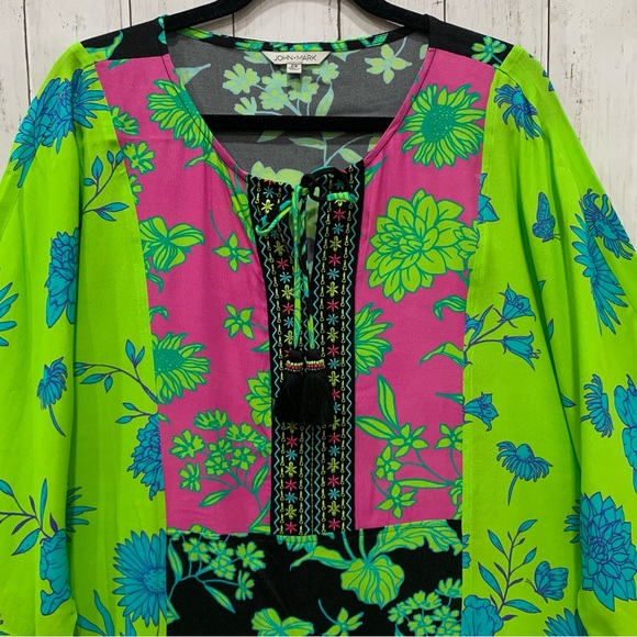 John Mark Embroidered Boho Top Women 2X Tassel Floral Multicolor Kimono Sleeve - Picture 2 of 15